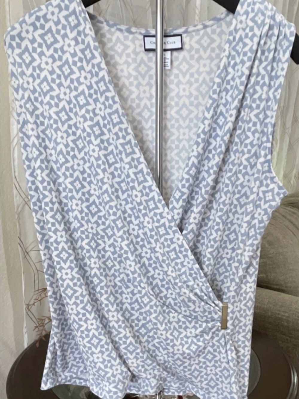 Charter Club Light Blue & White Printed Faux-Wrap Camisole